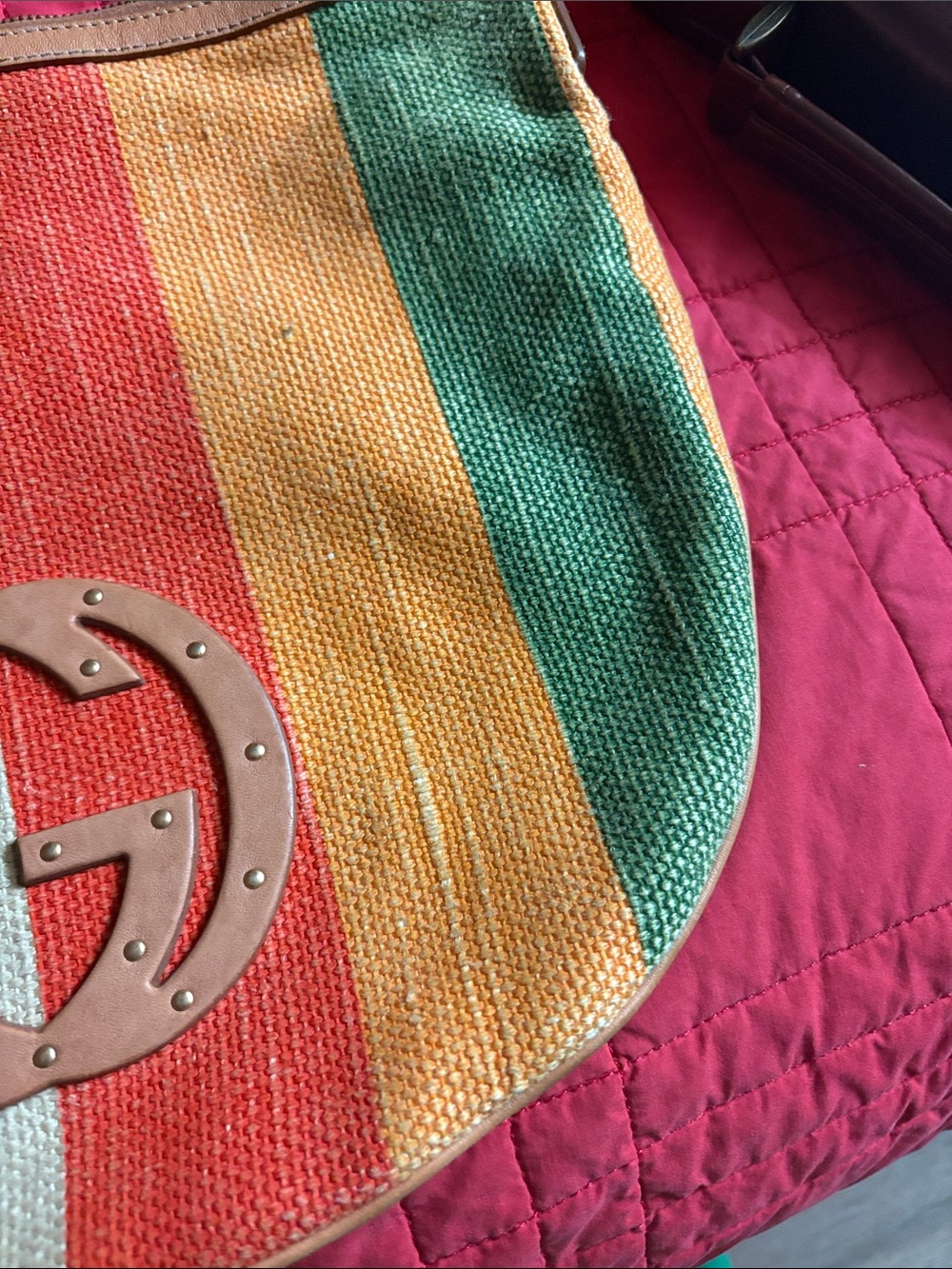 Striped Multicolor Canvas Vintage Shoulder Bag with Logo Accent - Picture 9 of 11